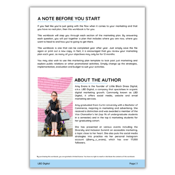 The introduction page of the Writing A Marketing Plan Workbook