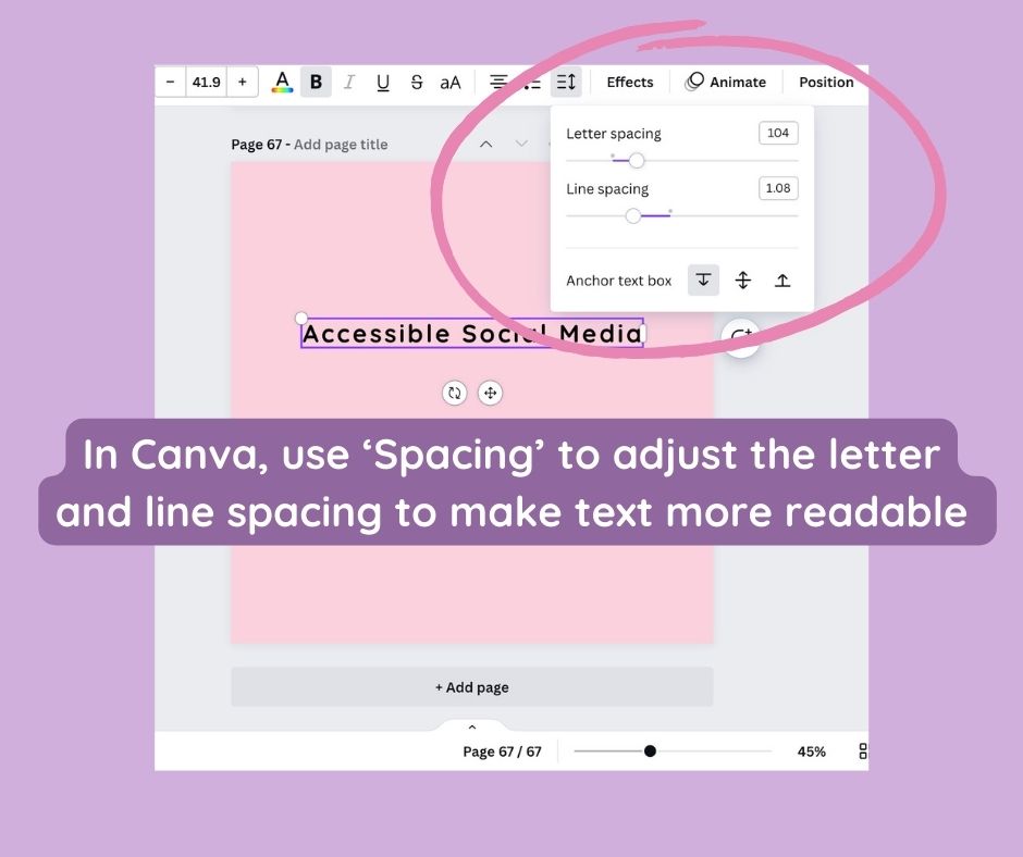 Accessible text presentation on Canva 