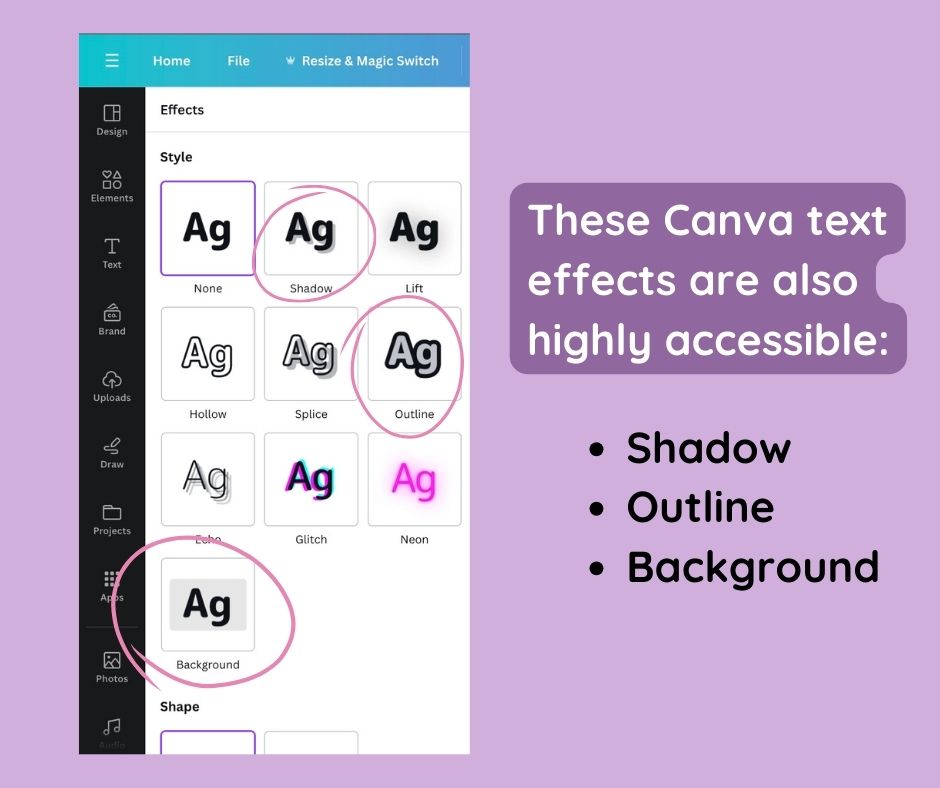 Demonstrating how to get accessible Canva text effects 