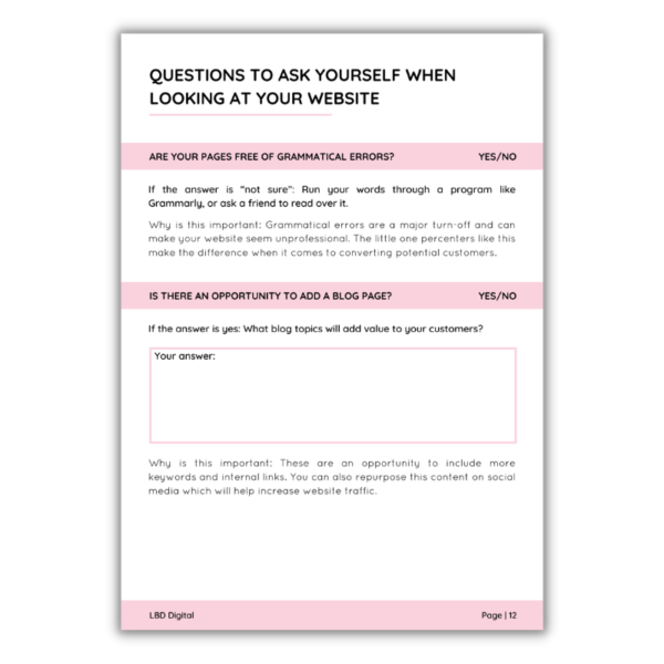 An example page of the Digital Marketing Audit Workbook