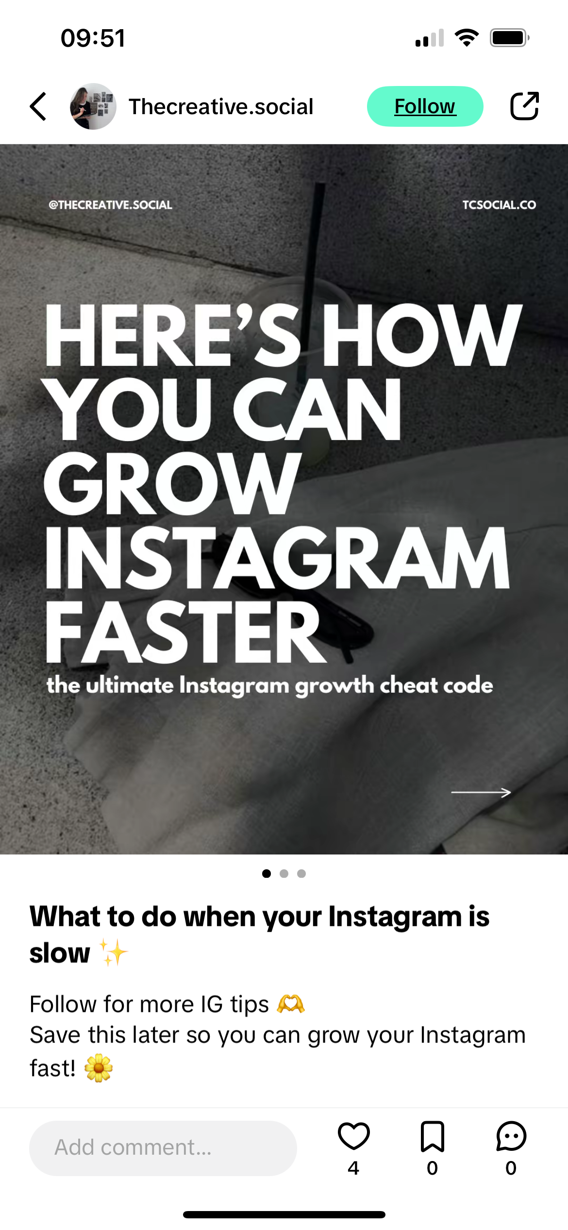 A screenshot of a post from TikTok Notes with the text "Here's how you can grow on Instagram faster. The ultimate Instagram growth cheat sheet."