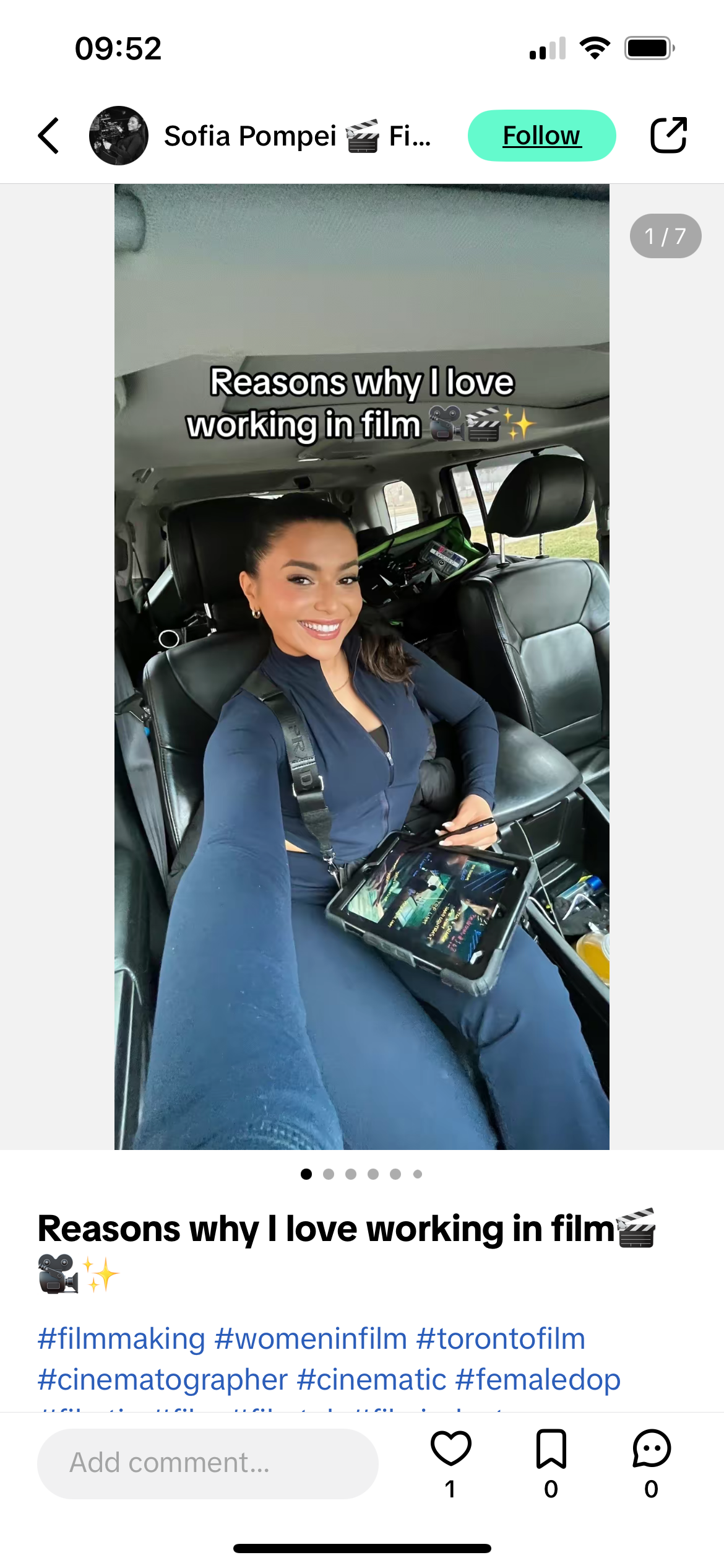 A screenshot from TikTok notes of a selfie of a woman with text saying "Reasons why I love working in film". 