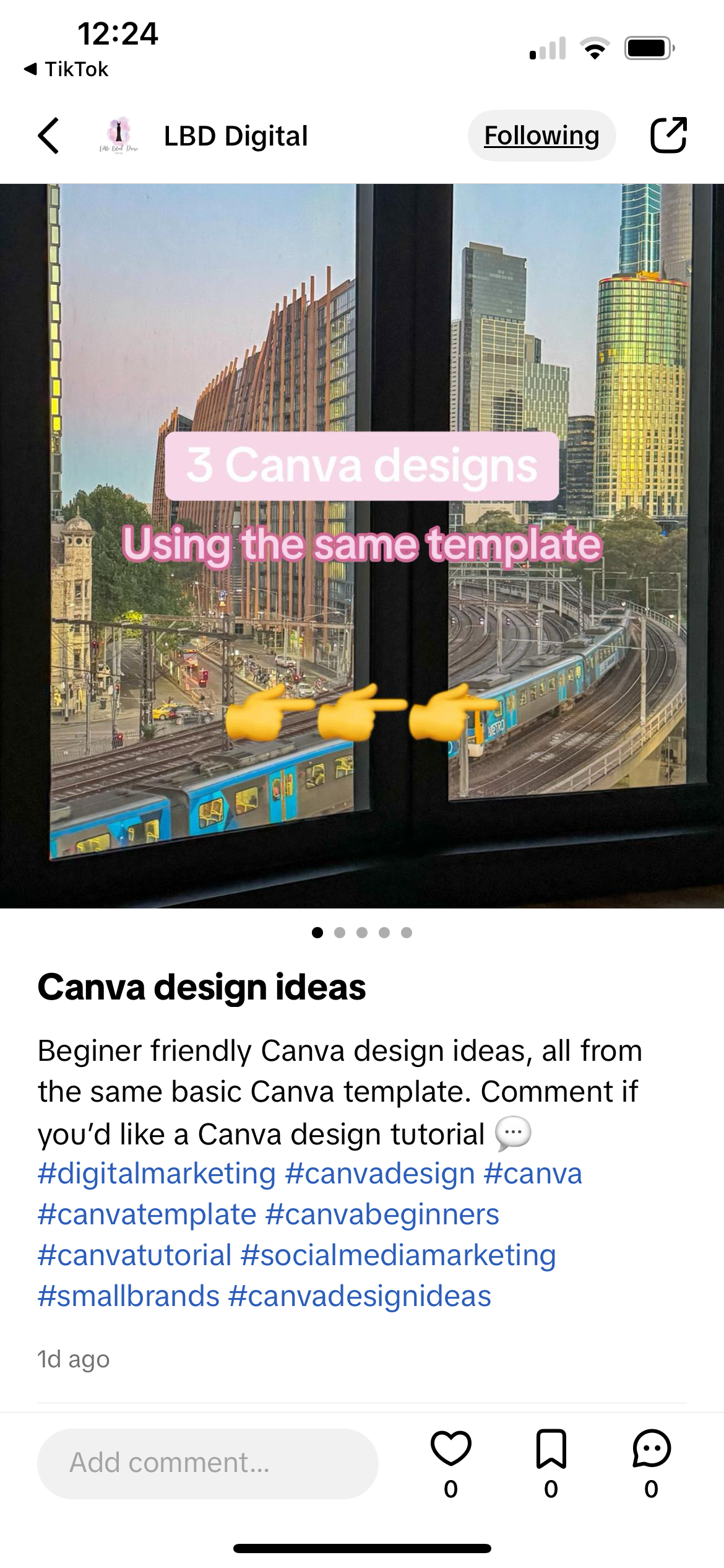 Screenshot from TikTok Notes of a post saying "3 Canva designs using the same template". 