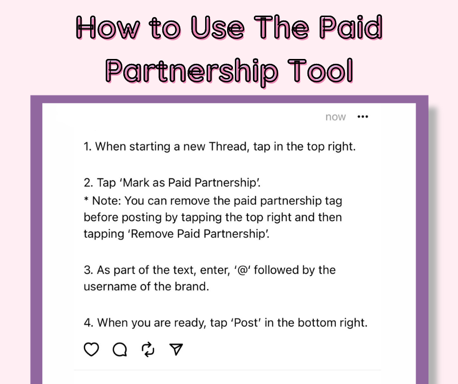 Graphic explaining how to use the paid partnership tool on Threads