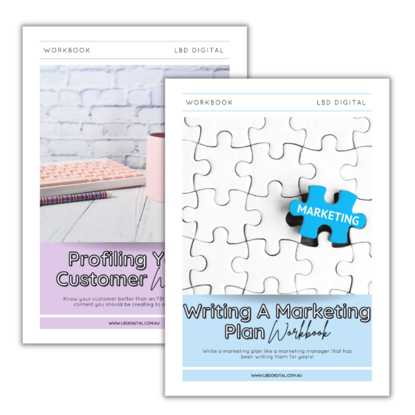 The covers of the Writing A Marketing Plan Workbook which is blue and the Profiling Your Customer Workbook which is purple
